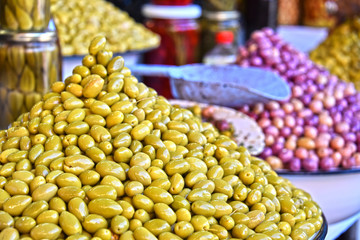 Assorted olives on the arab street market stall