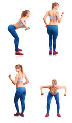 The girl goes in for sports in the studio on a white background.