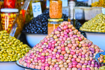 Assorted olives on the arab street market stall