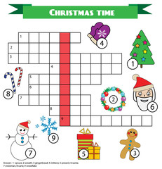 Crossword educational children game with answer. Christmas winter theme