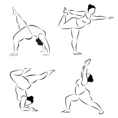 Set of plus size flexible sporty woman doing yoga fitness. Set of various silhouette yoga poses. Body positive. Vector set of yoga illustration, eps 10.