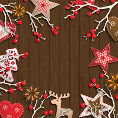 Abstract christmas background, dry branches with red berries and small scandinavian styled decorations lying on wooden desk, illustration