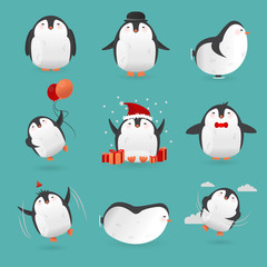 Collection of cute cartoon penguins characters.