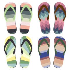 Set of Beach Slippers. Different Styles and Colors of Summer Flip Flops Over White Background
