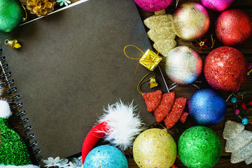 Greeting, Blank Notebook With Christmas decoration on wooden Bac
