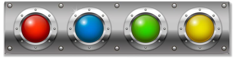 Set of multicolored round buttons, panel ignition on or start the instrument. Vector graphics