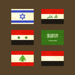 Flags of Israel, Iraq, Syria, Saudi Arabia, Lebanon and Yemen