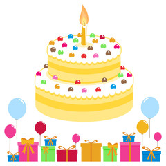 Birthday cake, balloons and presents. Vector illustration.