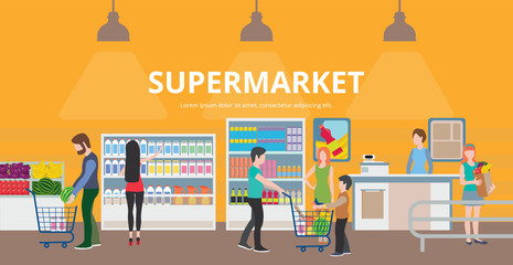 People in supermarket interior design. Family shopping, marketing people, market shop interior, customer in mall, retail store flat vector illustration