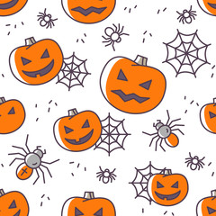 Halloween seamless pattern with outline icons. Vector Illustration. Colorful icons on white Backdrop. Cute pampkins and spider web on light background. Halloween Concept.