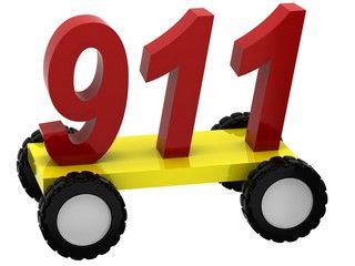 3d Symbols 911 on wheels on white background
