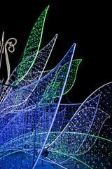 Close-up shot Christmas illuminations. Lights in the shape of a flower fairy. Black background, night.