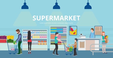 People in supermarket interior design. People shopping, marketing people, market shop interior, customer in mall, retail store flat vector illustration