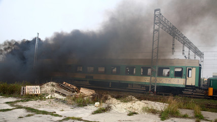 firemen in action, Firefighters exercises train accident, chemical contamination
