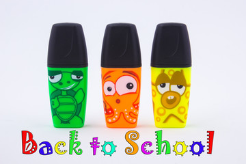 Back to School, Colorful Mini Highlighter Marker / Back to School, Colorful Mini Highlighter Markers with Funny Cartoon Drawings on a white background
