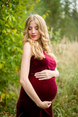 Obraz premium Portrait beautiful pregnant woman in a burgundy dress with long blond hair enjoying leisure in park