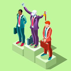 Business concept infographic vector design. Businessperson 3D character flat ambitious man. Career ambition changing role winning Startup group training goal setting and team management illustration