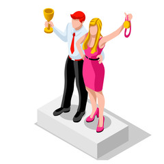 Business concept infographic vector design. Businessperson 3D character flat ambitious man. Job ambition changing role winning Startup group training goal setting and team management illustration