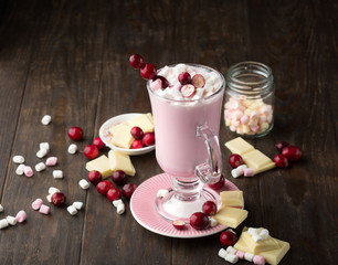 Hot white chocolate with cranberry and marshmallows on dark wooden table. Winter Christmas time.