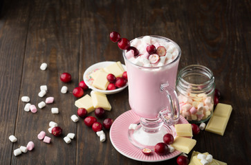 Hot white chocolate with cranberry and marshmallows on dark wooden table. Winter Christmas time. Selective focus. 