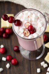Hot white chocolate with cranberry, knitted blanket and marshmallows on dark wooden table. Winter Christmas time. 