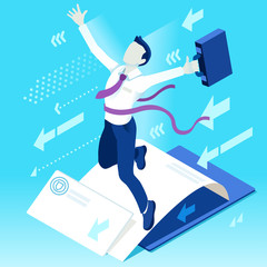 Isometric people isolated Businessman. Business success applicant white man candidate research infographic. Target Job Now Hiring concept. HR role & ambition. Businesspeople 3D character ambitious win