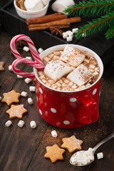 Big red Cup of hot Chocolate drink with Marshmallows, gingerbread cookies, candy cane and cinnamon on dark wooden background. Winter time. Holiday concept