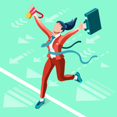 Fototapeta premium Isometric people isolated Businesswoman. Business success applicant woman candidate research infographic. Target Job Now Hiring concept. HR role & ambition. Businesspeople 3D character ambitious win