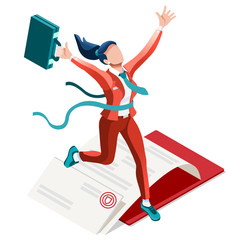 Isometric people isolated Businesswoman. Business success applicant woman candidate research infographic. Target Job Now Hiring concept. HR role & ambition. Businesspeople 3D character ambitious win