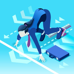 Isometric people isolated Businesswoman. Business success applicant woman candidate research infographic. Target Job Now Hiring concept. HR role & ambition. Businesspeople 3D character ambitious win