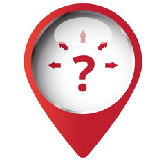 Map pin symbol with Question Mark Arrows icon. Red symbol on whi