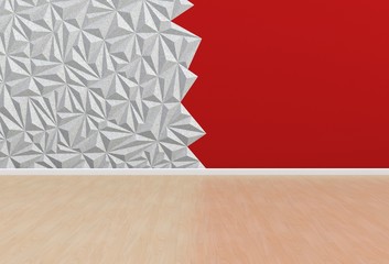 Empty room with white and red wall and wooden floor, 3D rendering