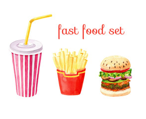 watercolor hand drawn watercolor fast food set: cup, french fries, burger