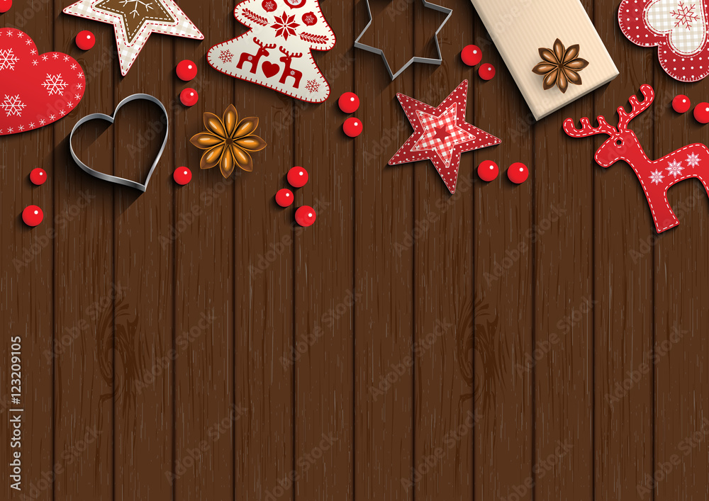 Wall mural christmas background, small scandinavian styled decorations lying on brown wooden backdrop, illustra