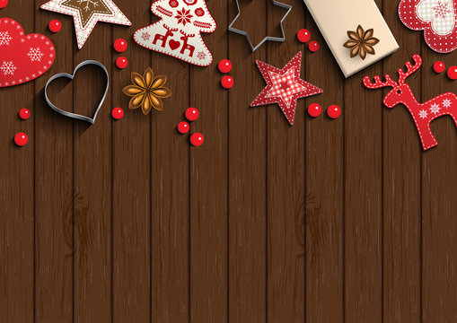 Fototapeta Christmas background, small scandinavian styled decorations lying on brown wooden backdrop, illustration
