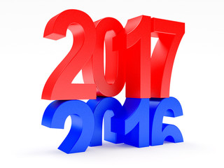 2017 New Year concept. Blue 2016 changed to red 2017. 3D illustration 