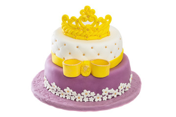 Birthday cake with crown and bow.