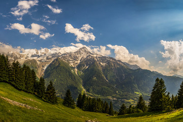 Fototapeta premium Le massif du Mont-blanc vu depuis le parc Merlet