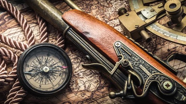 vintage still life with compass,gang,sextant and old map