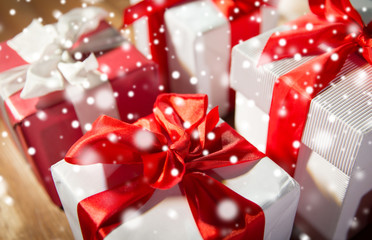 close up of gift boxes on wooden floor