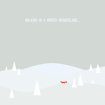 Winter wonderland concept vector illustration with nature snowy forest landscape and a fox. Christmas card template.