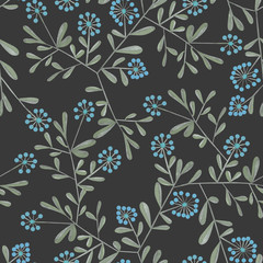 Seamless pattern with watercolor simple floral elements, hand drawn on a dark background