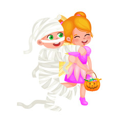 Cute colorful Halloween kids in costume for party set isolated vector illustration