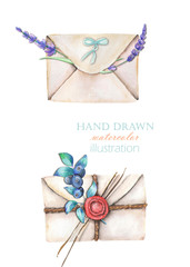 Illustration with watercolor vintage mail envelopes and flowers, hand drawn on a white background