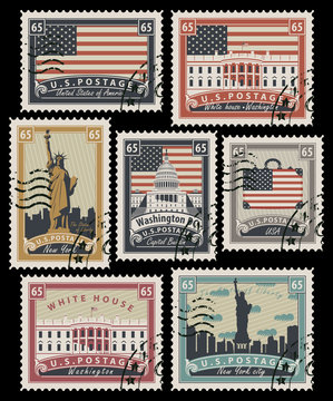 set of Postage stamps with the image of the United States of America architectural landmarks in retro style