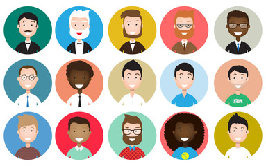 Male avatar icons vector set. People characters in flat style. Design elements isolated on white background. Faces with different styles and nationalities.