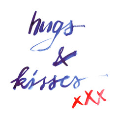 Hand written words "hugs & kisses" and crosses painted in red and blue watercolor on clean white background
