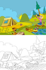 Cartoon scene of camping in the mountains - picnic - girl and her and dog - with coloring page - illustration for children