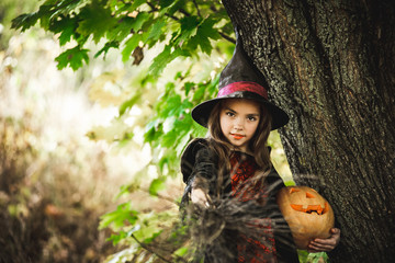 Happy Halloween. Cute little witch with a pumpkin in the hands.