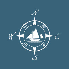 Flat pirate yacht icon with compass. Boat logo with water on blue background. T-shirt design consept. Vector illustration sign.